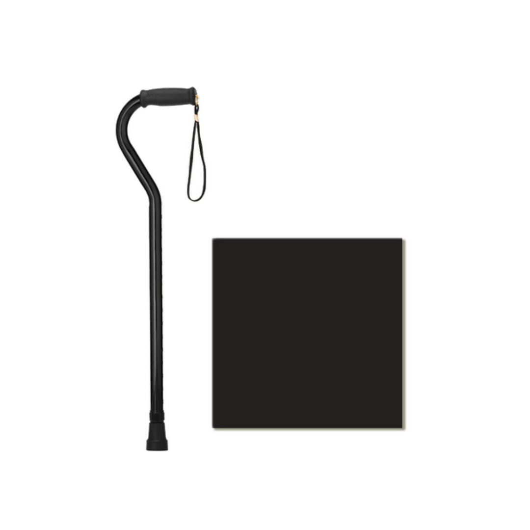 The Nova 1077 Extra Tall HD Bariatric Walking Cane, featuring a curved handle and wrist strap in black, stands to the left of a solid black square on a white background.